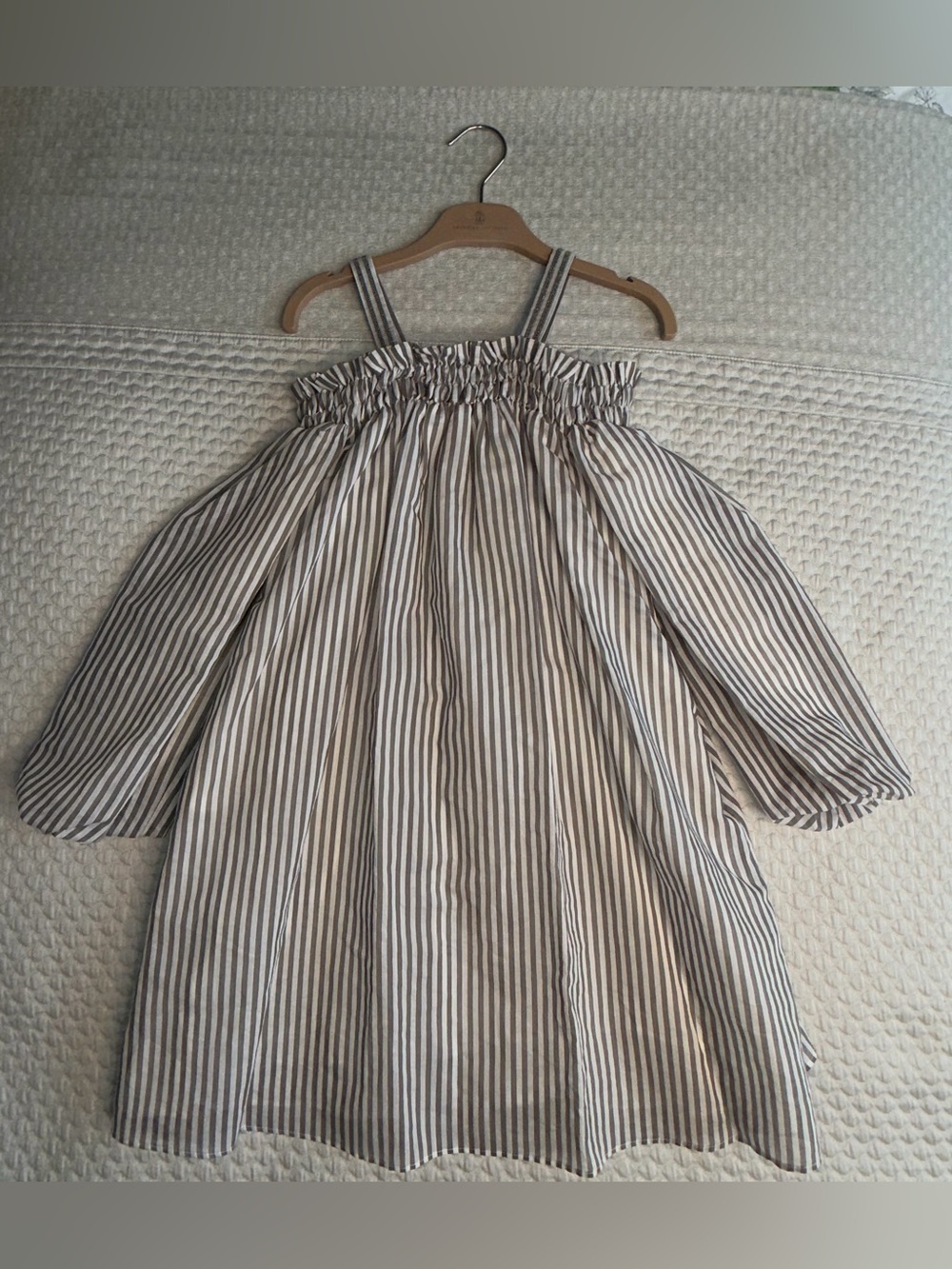 Brunello Cucinelli Girls Striped Off-Shoulder Dress with Straps - White & Gray